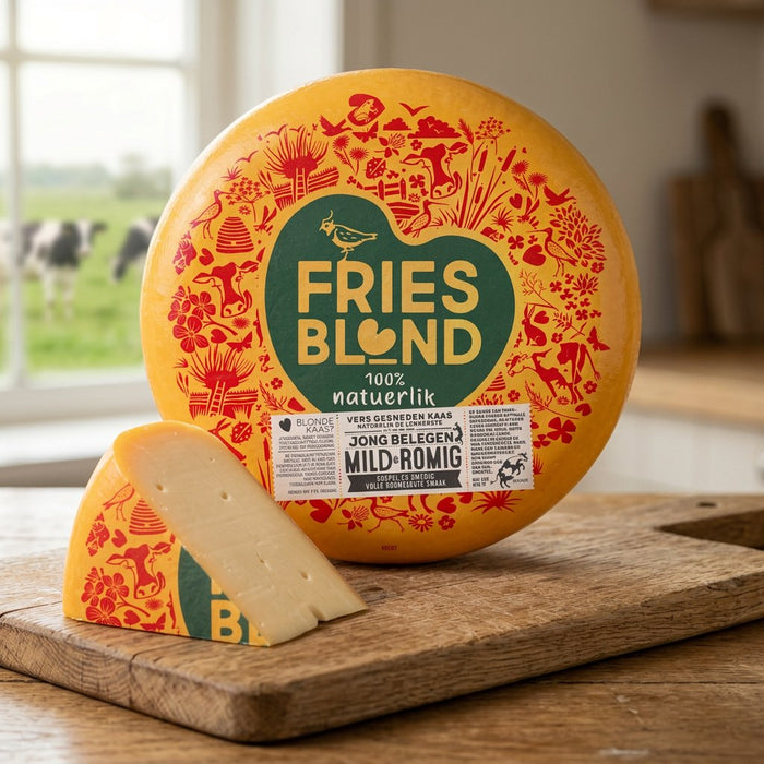 Friesblond jong belegen kaas met punt op een houten plank