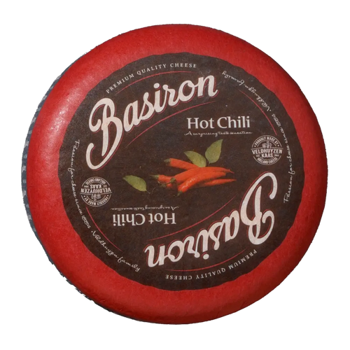 Basiron Sambal 50+ (Hot Chili), ganzer Laib von oben, Basiron Käse kaufen bei Kaasdok.nl